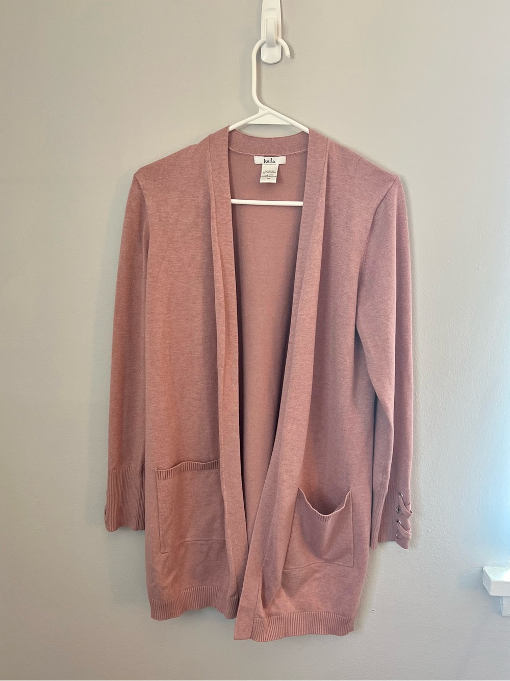 Isela Rose Pink Long-Sleeve Cardigan with Front Pockets And X Wrist Detail Sz M